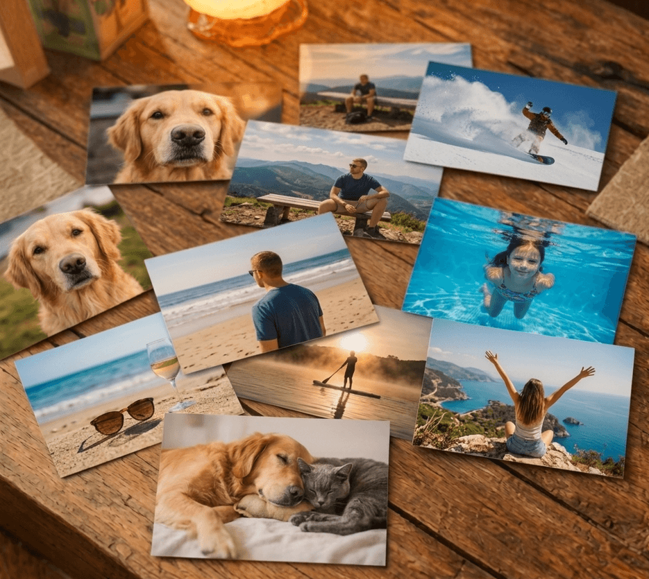 Printed photos spread across a wooden table