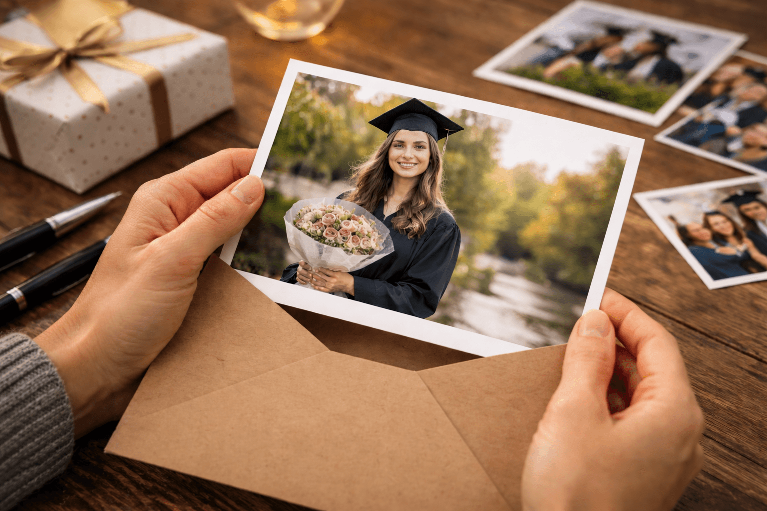 Hands holding a printed graduation photograph